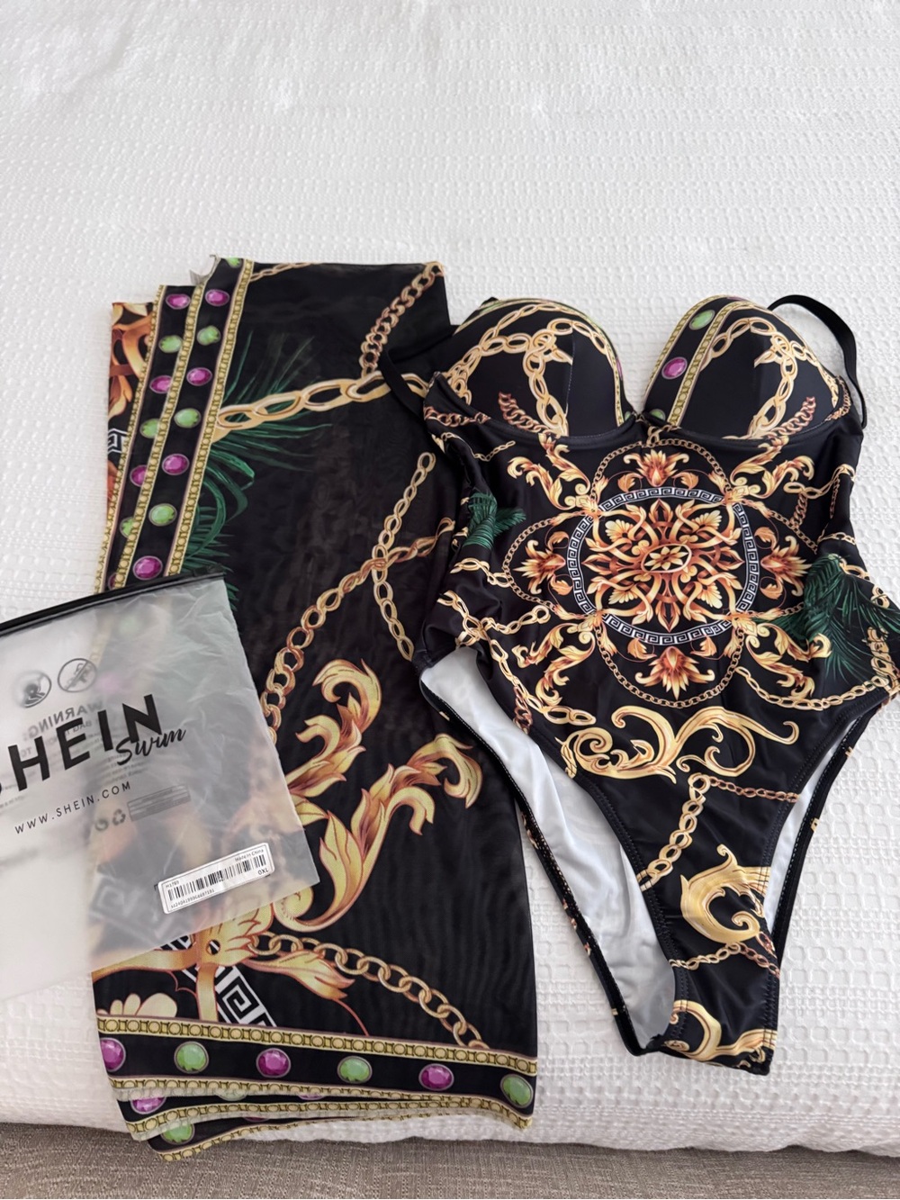 SHEIN Black Baroque Chain-Print One-Piece Swimsuit with Matching Sarong